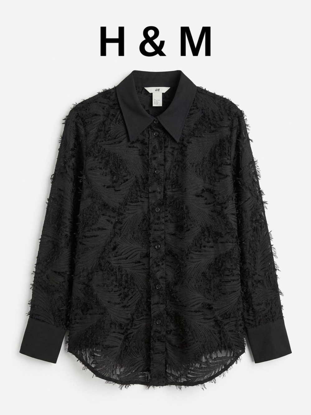 H&M Black Fringe-Texture Button-Down Shirt Jacket